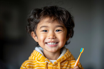 happy smile Asian kid boy child holds a toothbrush in hand. Pediatric dentistry for brushing teeth