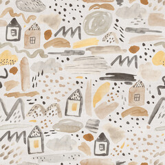 Cute seamless pattern. Watercolor childish background with houses, mountains, river and lakes. Vintage colors. - 752889789
