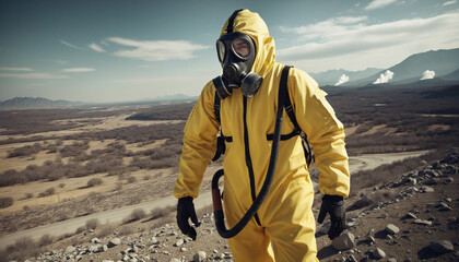 Person with a yellow anti radioactive chemical suit and a gas mask after a nuclear war with a devastated landscape