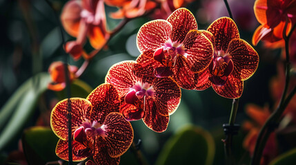 An elegant display of orchids with a luxurious appearance, their intricate patterns and vivid...