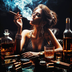 A beautiful young girl smokes a cigar. There is a bottle of alcohol and a glass on the table.