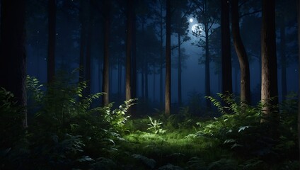 The image presents a serene and tranquil night scene in a dense, lush forest. The floor of the forest is covered with a variety of vibrant green ferns. 