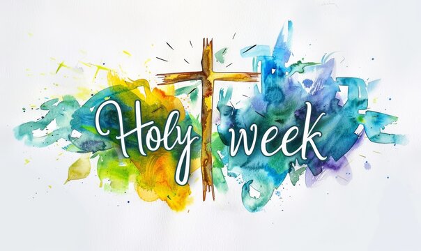 Holy week calligraphy text with abstract grunge cross on painted splash background.