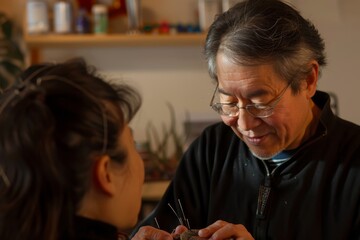 Fototapeta premium Еhe compassionate interaction between an acupuncture practitioner and their female client