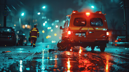 Paramedics helping in an accident happened in night - obrazy, fototapety, plakaty