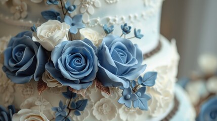 Detail of wedding cake with blue roses