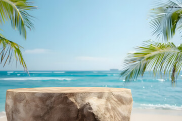 Fototapeta na wymiar Empty top of natural stone table and blur tropical beach background. For product display