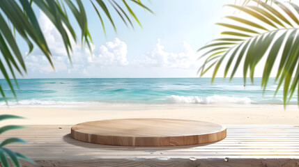 Fototapeta na wymiar Wooden table top on tropical beach background