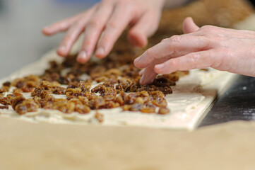 Close-up of baker's hands, bakery and pastry concept. Professional pastry chef working on a bakery business.