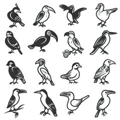 Avian Adventure - Birds from Every Continent. Sticker Collection. Multiple. Vector Icon Illustration. Icon Concept Isolated Premium Vector. Line Art. Black Outline. White Background.