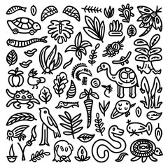 Rainforest Rendezvous - Biodiversity Galore. Sticker Collection. Multiple. Vector Icon Illustration. Icon Concept Isolated Premium Vector. Line Art. Black Outline. White Background. 