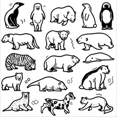 Polar Parade - Animals of the Polar Regions. Sticker Collection. Multiple. Vector Icon Illustration. Icon Concept Isolated Premium Vector. Line Art. Black Outline. White Background. 