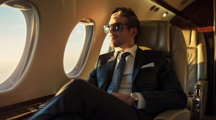 Fototapeta na wymiar Businessman flying on his private jet
