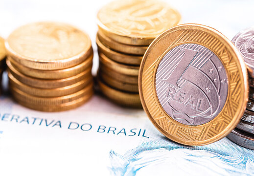 brazilian real coins, one real, currency of brazil, brazilian economy concept