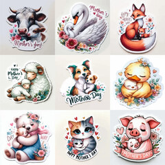 set of  mother's day animals illustrations