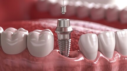 3D rendering of a dental implant being inserted into the jawbone, action shot