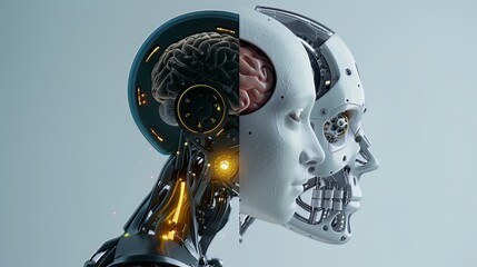 Fototapeta premium A Robot and a Brain: An image depicting a robot on one side and a human brain on the other, symbolizing both the robotic and mental dimensions of AI