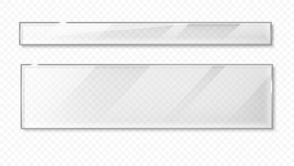 Horizontal transparent glass frame with shadow. Realistic glass banner with reflections, glares and light isolated on light background.