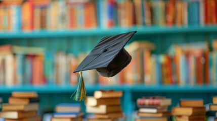 Graduation Cap on Bookshelf