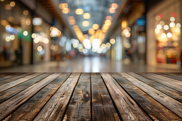Perspective wood and blurred store with bokeh background