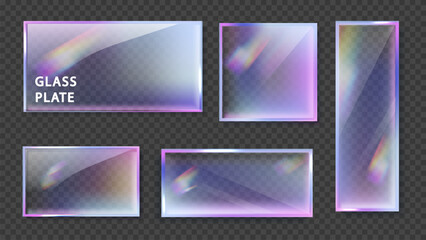 Crystal glass banner refraction and holographic effect isolated on black background. Transparent glass plate with overlay dispersion light, rainbow gradient