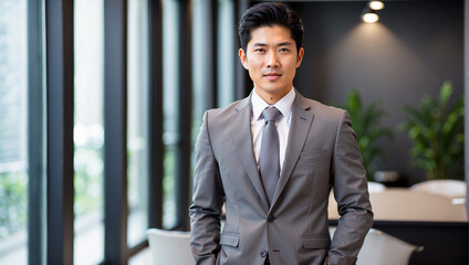 asian business man dress neatly and confidently standing in the office