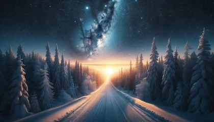 Fotobehang landscape a road cut through a dense forest raw, realistic photograph of a night-time snowy  panorama, rural, snowflake, frosty, morning, sunlight, beauty wallpaper background  © Raven
