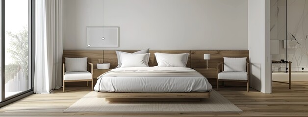 a modern bedroom ambiance, characterized by oak and white furniture, and unadorned walls