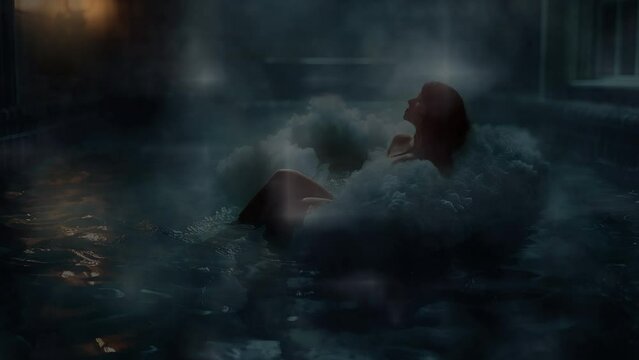 A woman on a cloud in a dramatic  swimming pool