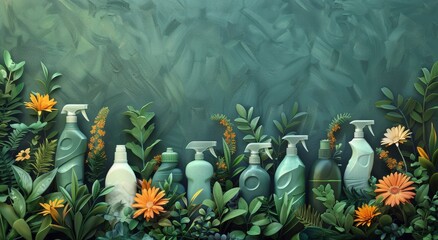 Fototapeta na wymiar Group of Bottles Surrounded by Plants and Flowers