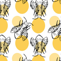 Hand drawn vintage bee and round elements pattern