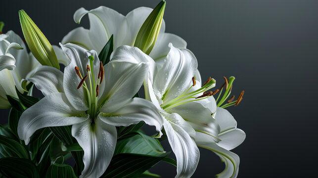 A bunch of fresh, white lilies, their elegance and purity highlighted in crisp 4K HDR against a solid charcoal gray background, creating a striking image.