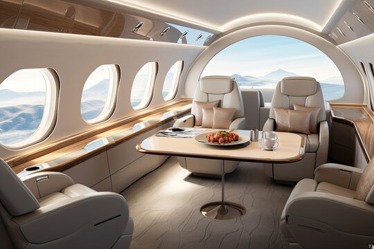 Interior of airplane with porthole and seats. Luxury private jet indoor interior, seats and table. 3d rendering. rich lifestyle.