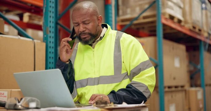 Man, phone call or order for distribution in warehouse, logistics or angry for delay in supply chain. Factory manager, frustrated or talking on mobile to supplier or backlog on shipping of inventory