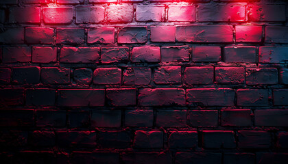Modern futuristic neon lights on old grunge brick wall room background, Cement wall with neon light on dark background, neon wall background, Generative Ai