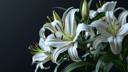 A bunch of fresh, white lilies, their elegance and purity highlighted in crisp 4K HDR against a solid charcoal gray background, creating a striking image.