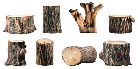 Tree stumps, cut trees, deforestation isolated on white or transparent background 