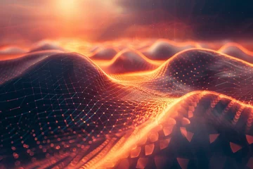 Poster Vibrant digital wave landscape with particles. A high-quality 3D render of a dynamic digital wave landscape with illuminated particle dots creating a cosmic atmosphere. © Merilno