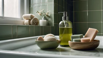 Fotobehang Bathroom accessories in green tones. © Olena Yefremkina