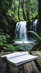a white-covered magazine with blank pages open on a picnic table in a forest setting with a small waterfall.