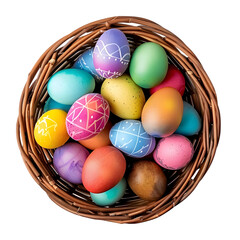 Basket full of colorful Easter eggs, top view, isolated on white background, denoting Easter traditions and hunts 