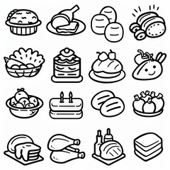 Gourmet Galore - Flavorful Feasts. Sticker Collection. Multiple. Vector Icon Illustration. Icon Concept Isolated Premium Vector. Line Art. Black Outline. White Background. -