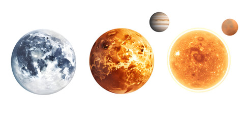 Celestial body collection, sun, planet earth, moon, mars and saturn, isolated on a white or transparent background 
