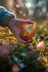Childs Hand Holding Easter Egg in Field of Flowers