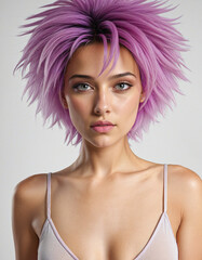 portrait of a woman in pink with purple hair