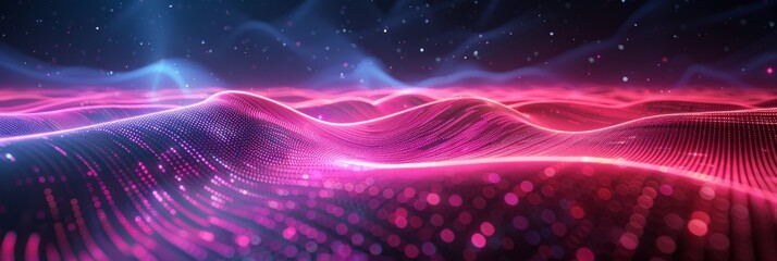 Fototapeta premium Vibrant digital wave landscape with particles. A high-quality 3D render of a dynamic digital wave landscape with illuminated particle dots creating a cosmic atmosphere.