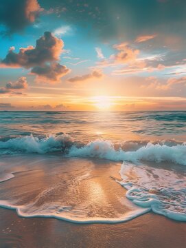 Tranquil Ocean Sunset with Waves, To showcase the beauty of a tranquil ocean sunset and inspire feelings of calmness and relaxation