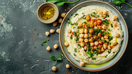 a musabaha dish adorned with chickpeas and tahini sauce, providing abundant room for textual content.