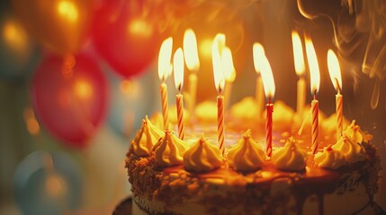 Happy birthday candles and balloons burning on a cake