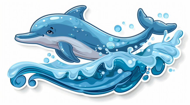 A cartoon dolphin leaping joyfully among stylized blue waves,ai generated